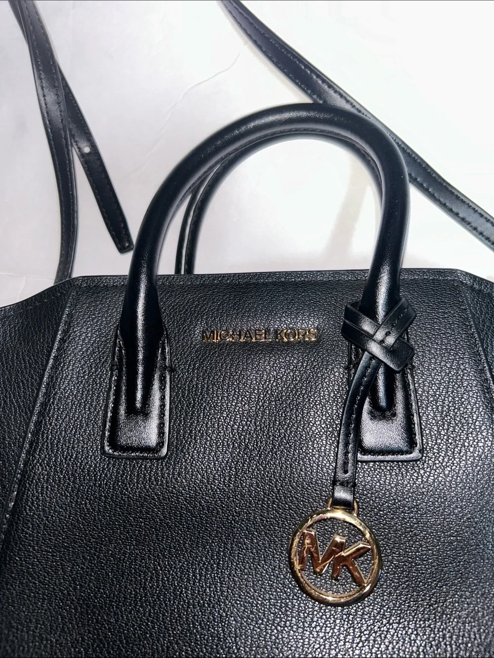 Michael Kors Black Pebbled Leather Satchel with Gold-tone Charm